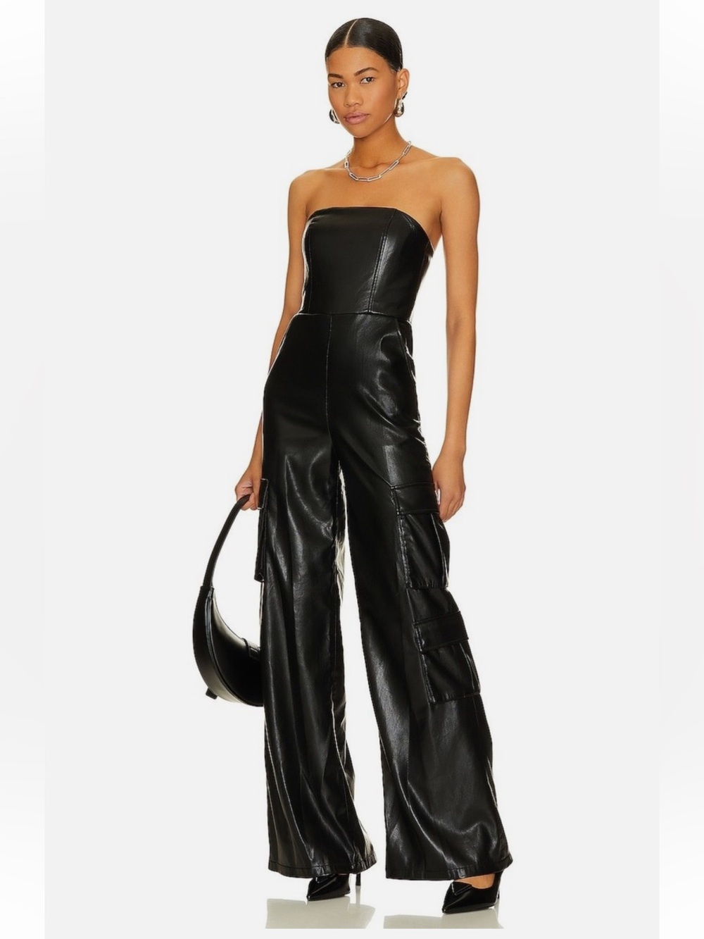 Alice + Olivia Strapless Faux Leather Wide-Leg Jumpsuit - Black